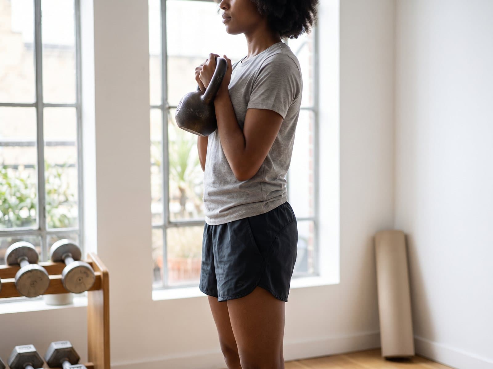 A person holding a kettlebell at chest height in a bright home gym, a rack of dumbbells and a rolled exercise mat to the side