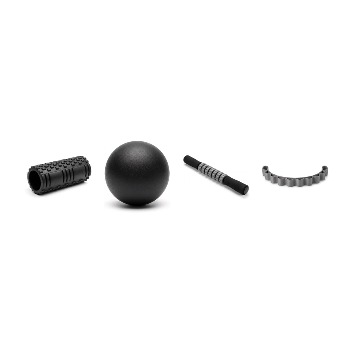 The pieces of the Mobility and Recovery Kit together: a foam roller, a massage ball, a roller stick and a stretching strap