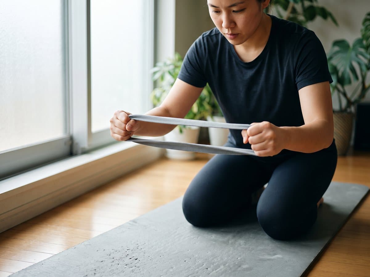 A person kneeling on an exercise mat by a window, pulling a flat resistance loop band between both hands