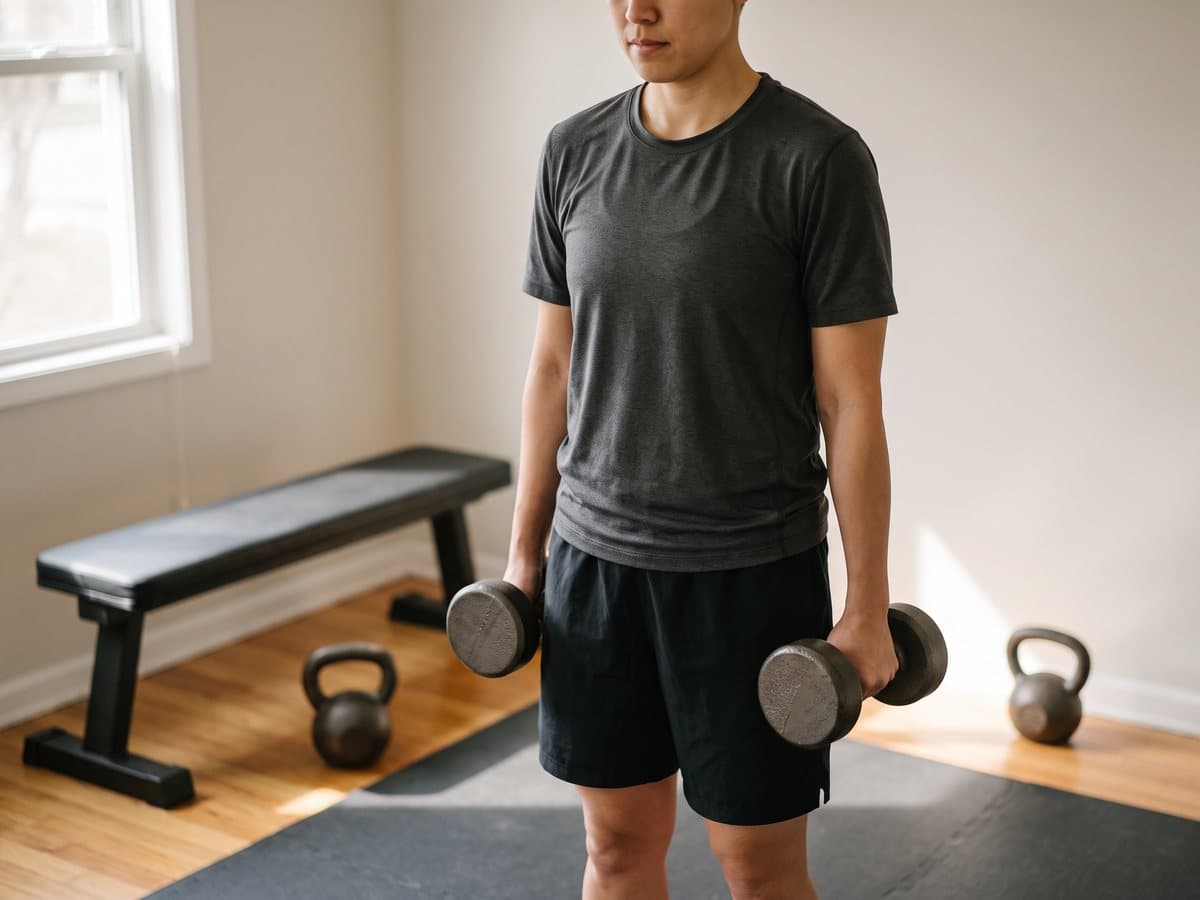 A person holding a dumbbell in each hand in a home gym, a flat bench and a kettlebell on the floor behind